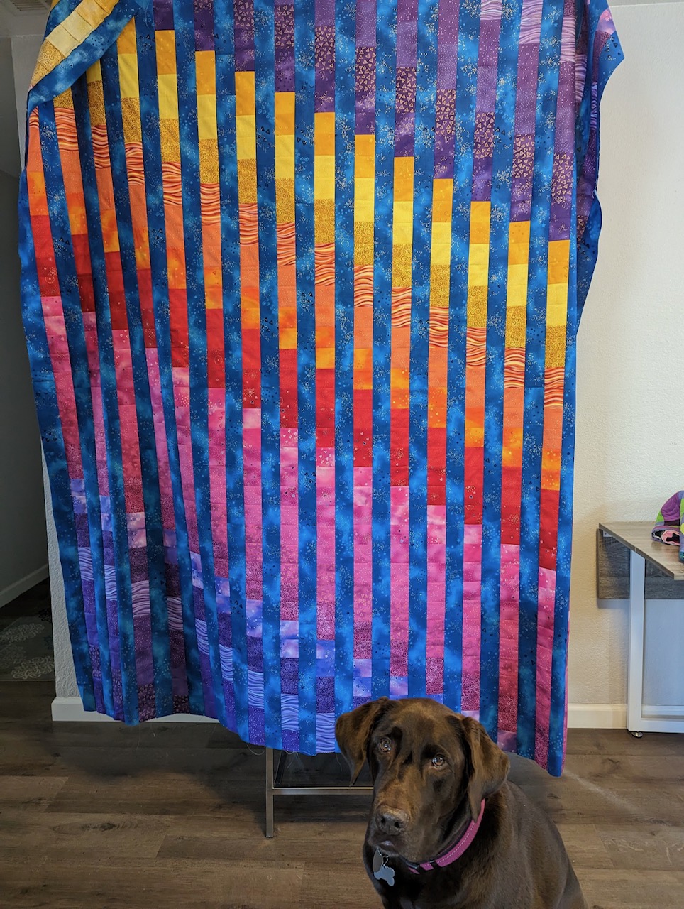 Kenzie Easy Bargello quilt top with Bogey